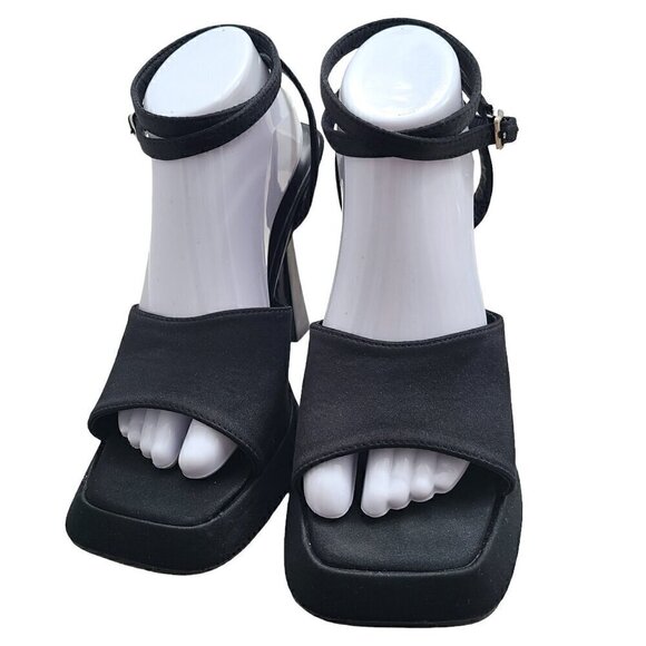 Azalea Wang Black Satin Square Peep Toe Strappy Ankle High Platform Heels - Picture 4 of 12